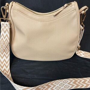 Women’s Beige Leather Crossbody Bag with Patterned Strap